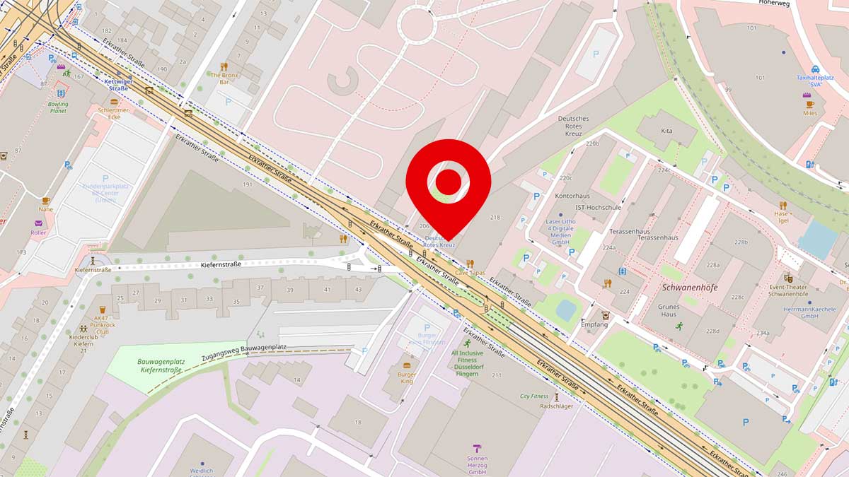 Karte unseres Standortes in Flingern Süd mit Standort-Markierung – Link öffnet in neuem Tab
